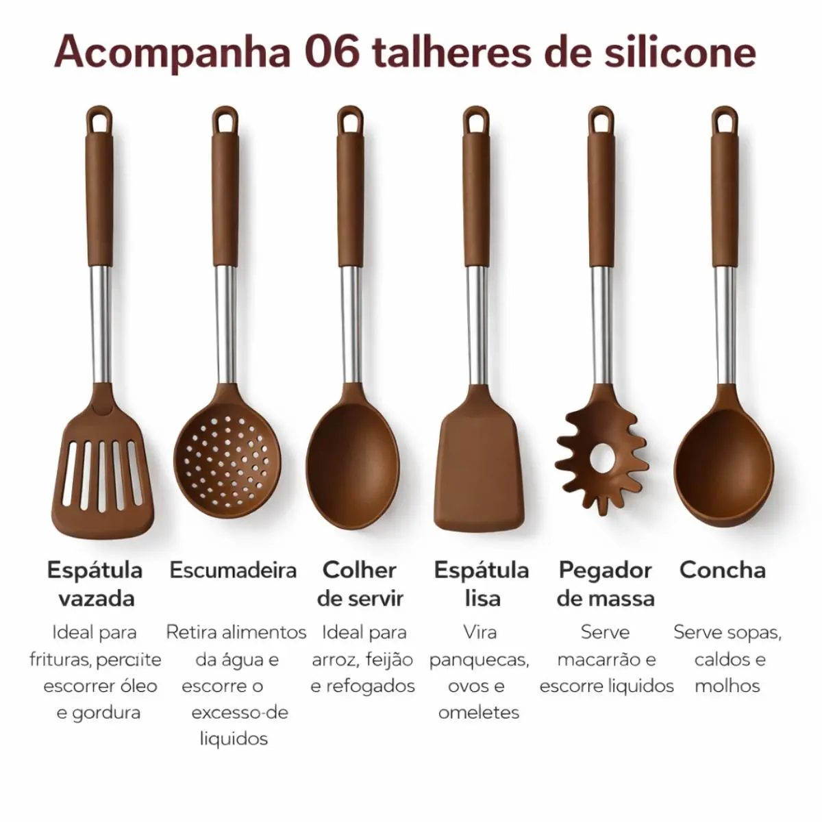 6 utensílios de silicone que acompanham o kit