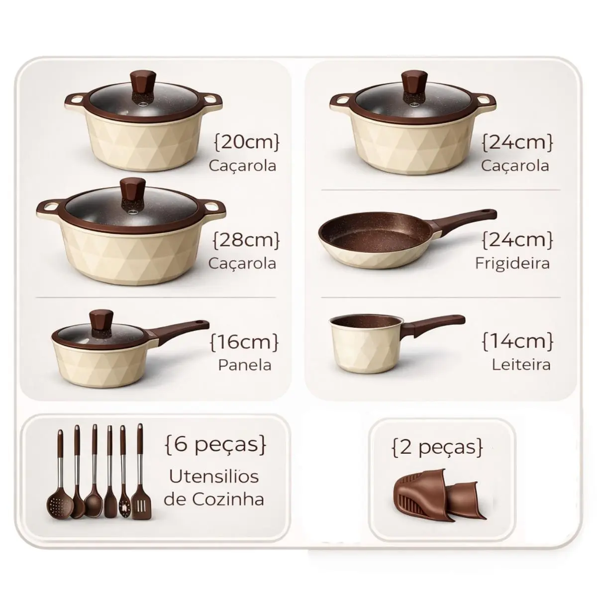 Conteúdo do kit: caçarolas 20, 24 e 28 cm, frigideira, panela e leiteira